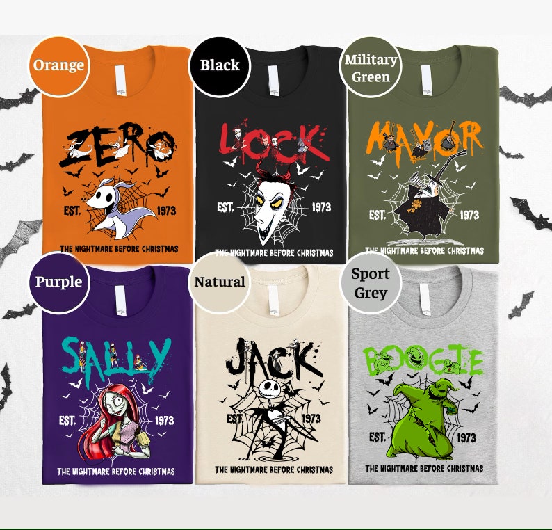 May include: A collection of six t-shirts in various colors, each featuring a graphic from "The Nightmare Before Christmas." The shirts display characters like Zero, Lock, Mayor, Sally, Jack, and Oogie Boogie, with the text "EST. 1973" and the film's title.
