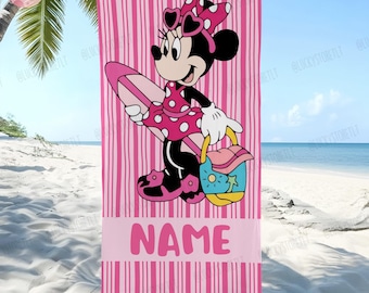 Personalized Minnie Mouse Pool Towel, Custom Name Pink Beach Towel, Minnie Surfing Summer Vacation Towel, Disney Trip Gift for Girls, Kids