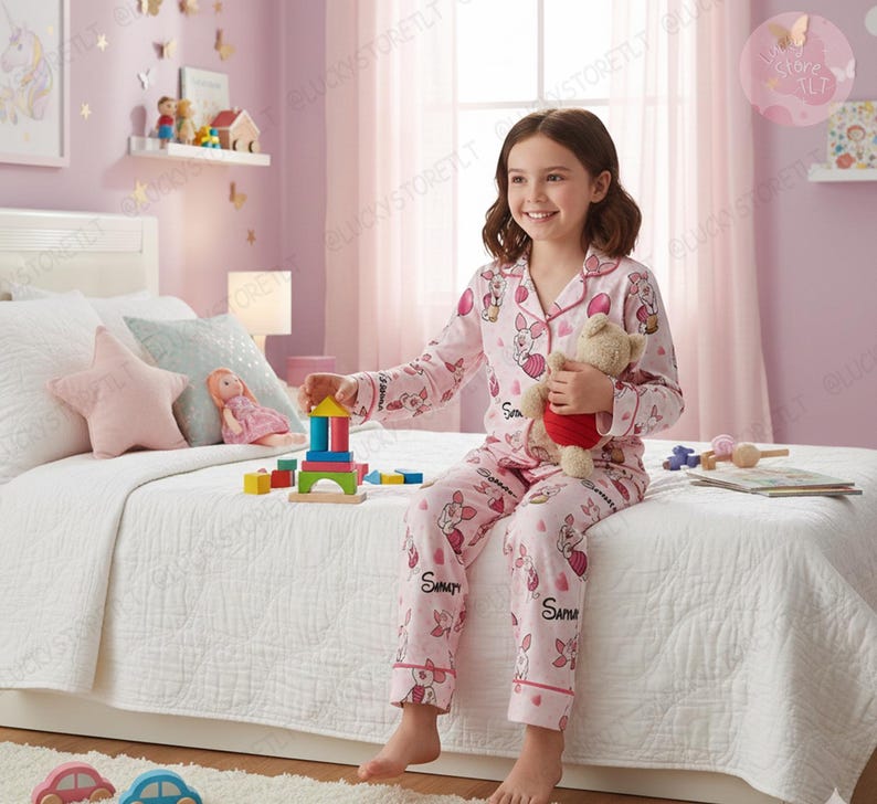 May include: A young person wearing pink pajamas with a Winnie the Pooh pattern, holding a teddy bear. The pajamas have a button-down top and matching pants. Colorful wooden blocks are on the bed, along with a star-shaped pillow.