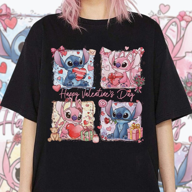 Puede incluir: Camiseta negra con un gr&aacute;fico colorido que presenta personajes de dibujos animados sosteniendo regalos de San Valent&iacute;n. El texto "Happy Valentine's Day" est&aacute; impreso debajo. El dise&ntilde;o incluye corazones y cajas de regalo.