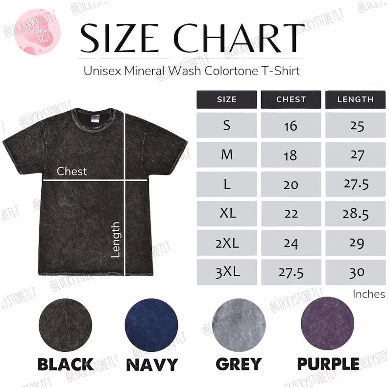 Puede incluir: Tabla de tallas para una camiseta unisex con lavado mineral. La tabla incluye tallas de la S a la 3XL, con medidas de pecho de 40.6 a 69.9 cm y largos de 63.5 a 76.2 cm. Los colores disponibles son negro, azul marino, gris y morado.