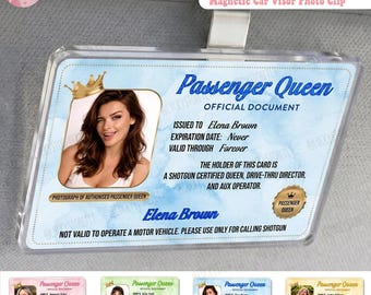 Clip para visera de coche personalizado para princesa pasajera, placa de identificación de coche con foto y nombre personalizados, accesorio divertido para coche, regalo para novia, documento de escopeta