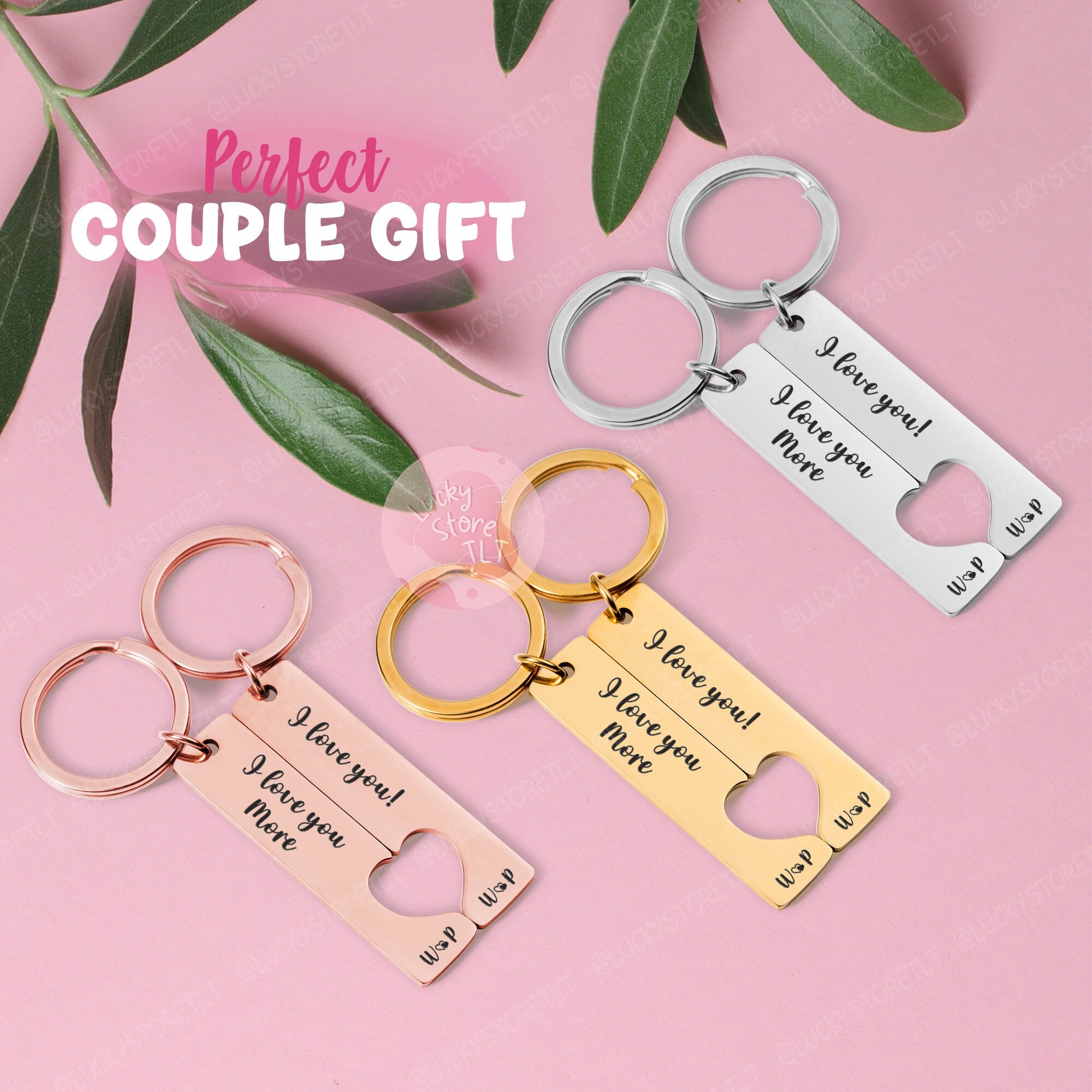 Engraved I Love You More Couples Keychain Set, Name & Date
