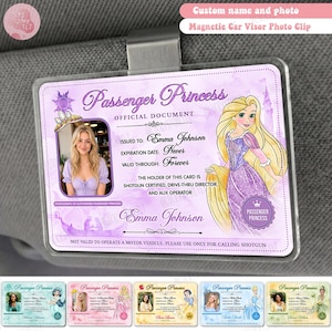 Tarjeta de identificación personalizada de Rapunzel de Enredados, accesorio para coche de princesa Disney, clip para visera de coche con foto personalizada, regalo para novia