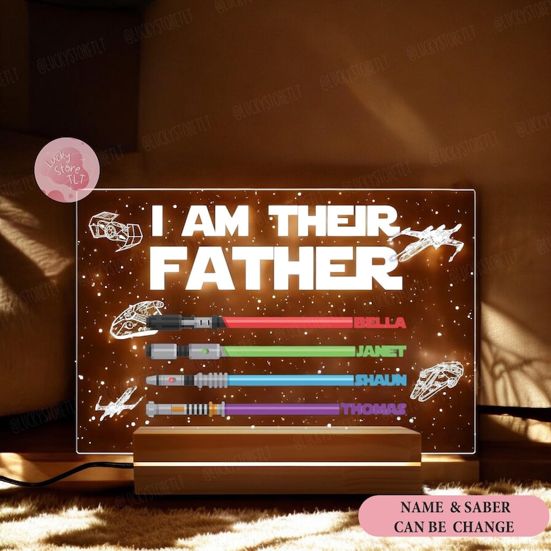 May include: A lighted sign with a starry night background and the text "I am their Father" with four names and lightsabers below. The text "Name & Saber can be change" is at the bottom of the sign.
