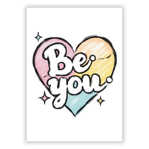 Può includere: Grafica a forma di cuore con le parole "Be you" in scrittura bianca. Il cuore è diviso in sezioni rosa, gialle e turchesi, delineate in nero. Piccoli scoppi di stelle circondano il cuore, creando un design allegro.