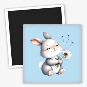 Imán para nevera con un adorable conejito con diente de león en estilo de dibujos animados: decoración divertida para amantes de los animales. Imán de conejito. Decoración de animales. Decoración de cocina.