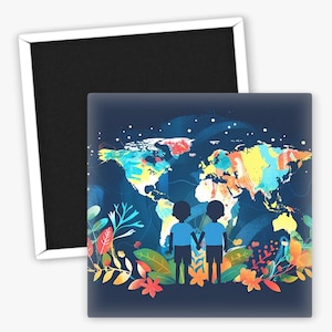 Aimant de réfrigérateur motif fleur carte du monde amitié enfants – décoration colorée pour votre maison – cadeau amitié – aimants colorés