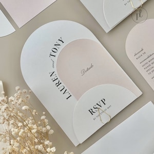 Printed Stacked Wedding Invitation Set with a Gold Clip for a modern and minimalistic wedding with Neutral Colour from Paperlust