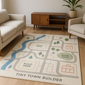 Hand Tufted Tiny Town Builder Kids Rug | Playroom Carpet for Lego, Blocks & Toys | Educational Activity Map Rug for Boys and Girls