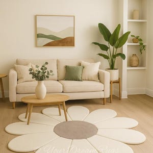 Hand-Tufted Daisy Flower Rug – Cream  Taupe Petal Shaped Area Rug Cute Boho Kids Room Decor Pastel Floral Carpet for Living Room & Nursery