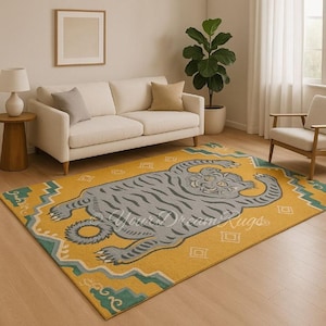 Hand Tufted Tiger Rug – Playful Tibetan-Style Animal Area Rug – Boho Jungle Decor – Modern Statement Floor Art – Yellow & Grey Rug