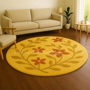 Round Yellow Floral Area Rug – Hand-Tufted Botanical Flower Carpet – Boho Living Room Accent Rug – Cozy Modern Cottagecore Decor Rug