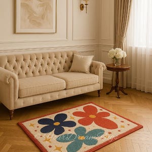 Colorful Hand-Tufted Wool Flower Rug – Modern Retro Floral Accent Rug | Soft Cute Carpet for Living Room, Nursery, Kids Room, or Entryway