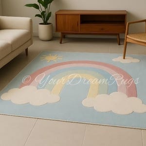 Pastel Rainbow & Clouds Rug for Kids Room – Hand Tufted Wool Nursery Rug | Soft Playroom Carpet | Cute Sunshine Rainbow Area Rug