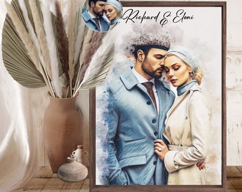 Custom Photo Wood Frame  Photo on Canvas Wood with Watercolor Style, Custom Wall Art, Personalized Portrait from Photo as Long Distance Gift