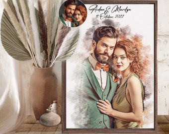 Custom Photo Wood Frame  Photo on Canvas Wood with Watercolor Style, Custom Wall Art, Personalized Portrait from Photo as Long Distance Gift