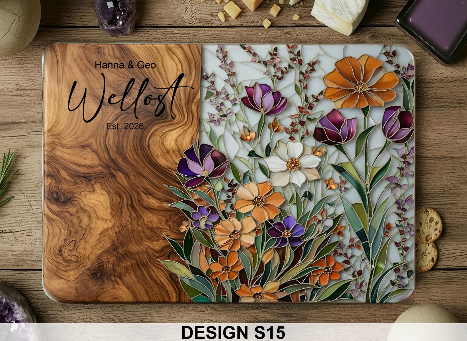 Personalized Charcuterie Board Stained Glass Wood Look Cutting Board Unique Wedding Gift Bridal Shower Gift Engagement Gift Anniversary Gift - Design S15, 11"x15"/Text Style:1