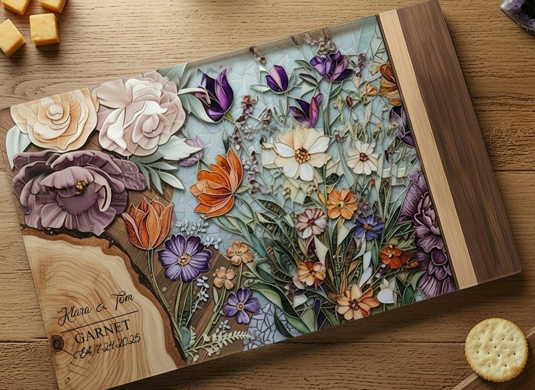 Personalized Charcuterie Board Stained Glass Wood Look Cutting Board Unique Wedding Gift Mothers Day Gift Bridal Shower Gift Engagement Gift