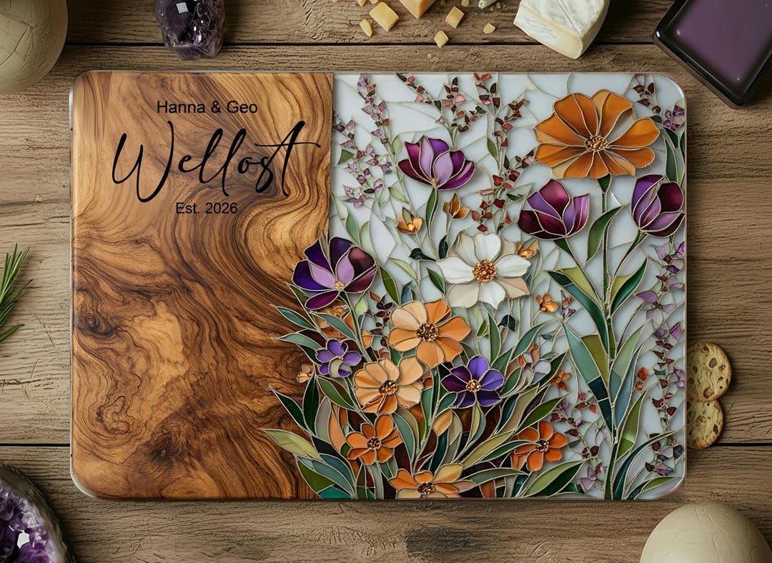 Personalized Charcuterie Board Stained Glass Wood Look Cutting Board Unique Wedding Gift Mothers Day Gift Bridal Shower Gift Engagement Gift - Design S17, 8"x11"/Text Style: 5