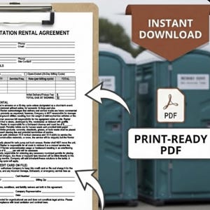 May include: A portable sanitation rental agreement displayed on a clipboard. The document includes sections for company and renter information, equipment details, terms, and payment authorization. The image also features the text "Professional & Easy to Use" and "Editable Word (.docx)".