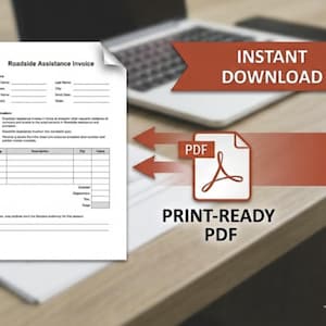 Puede incluir: Un documento de Factura de Asistencia en Carretera se muestra en un escritorio de madera, con el texto "PROFESIONAL Y FÁCIL DE USAR" y "EDITABLE WORD (.docx)" a la izquierda. A la derecha, se ven los textos "DESCARGA INSTANTÁNEA" y "PDF LISTO PARA IMPRIMIR".
