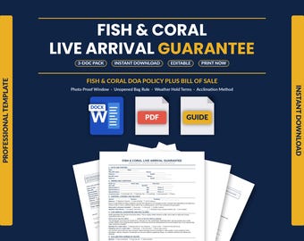 Fish Live Arrival Guarantee Template Pack | Coral Shrimp & Invert DOA Policy | Aquarium Shipping Terms + Bill of Sale