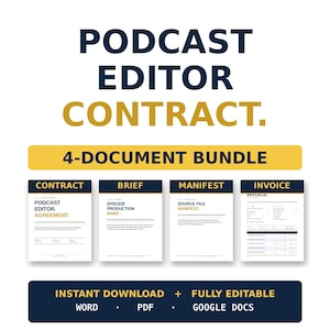 Könnte beinhalten: Ein digitales Dokumentenpaket für Podcast-Editoren. Das Bild zeigt die Worte "Podcast Editor Contract" in Marineblau und Gold. Das Paket enthält einen Vertrag, ein Briefing, ein Manifest und eine Rechnung. Die Dokumente sind sofort als Word-, PDF- und Google Docs-Dateien verfügbar.