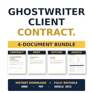 Könnte beinhalten: Ein digitales Dokumentenpaket für Ghostwriter, mit Vertrag, Briefing, Gliederung und Rechnung. Das Design enthält den Text "Ghostwriter Client Contract" und "4-Document Bundle". Die Dokumente sind als Sofort-Download in Word, PDF und Google Docs verfügbar.