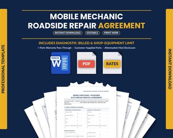 Mobile Mechanic Contract Template | Roadside Auto Repair Service Agreement | Diagnostic-Billed & Shop-Equipment Limit Waiver | Word PDF