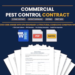 Może przedstawiać: Szablon komercyjnej umowy o zwalczaniu szkodników na ciemnoniebieskim tle z żółtymi akcentami. Tekst zawiera Commercial Pest Control Contract, 15-page contract, instant download, editable, print now oraz FDA food code-aware.