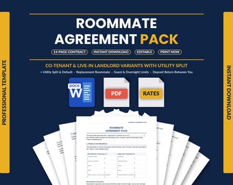 Roommate Agreement Template | Room Rental & Co-Tenant Contract | Utility Split, Guest Rules and Move-Out Terms | Word + PDF