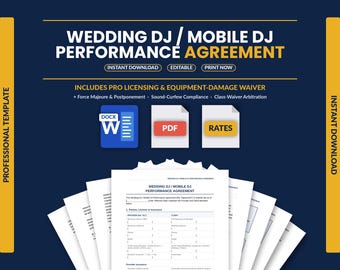 Wedding DJ Contract Template | Mobile DJ Service Agreement | Music Licensing & Equipment Damage Waiver | Word PDF for DJs
