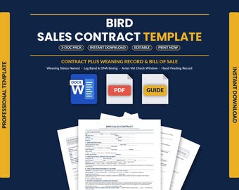 Bird Sale Contract Template Pack | Parrot Breeder Agreement, Weaning Record & Health Guarantee | Bill of Sale Included