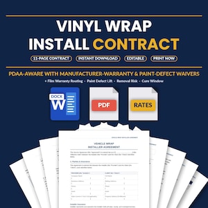 May include: A digital vinyl wrap install contract template featuring white text on a dark blue background. The document includes sections for PDAA-aware manufacturer warranty and paint-defect waivers, with icons for DOCX, PDF, and rates files.