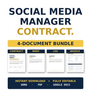 Könnte beinhalten: Ein digitales Dokumentenpaket für Social-Media-Manager. Das Bild zeigt den Text "SOCIAL MEDIA MANAGER CONTRACT" in Marineblau und Gold. Es enthält einen Vertrag, ein Briefing, ein Protokoll und eine Rechnung mit Optionen für Word, PDF und Google Docs.