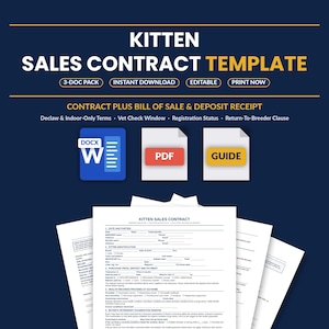 Puede incluir: Una plantilla digital de contrato de venta de gatitos que incluye un paquete de 3 documentos con contrato, factura de venta y recibo de depósito. El documento incluye secciones sobre términos de desungulación, chequeos veterinarios y registro.