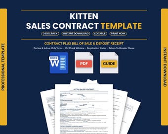 Kitten Sale Contract Template Pack | Cat Breeder Contract, Kitten Sales Agreement & Health Guarantee | Bill of Sale + Deposit