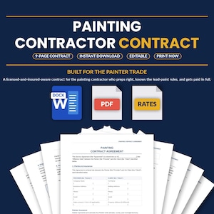 Pode incluir: Um gráfico azul marinho com as palavras "PAINTING CONTRACTOR CONTRACT" em branco. A imagem inclui ícones para DOCX, PDF e RATES, juntamente com uma pilha de documentos contratuais. O texto diz "9-PAGE CONTRACT, INSTANT DOWNLOAD, EDITABLE, PRINT NOW."