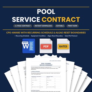 Könnte beinhalten: Eine professionelle Vorlage für einen Pool-Service-Vertrag. Das Design zeigt den Titel "POOL SERVICE CONTRACT" in großem, fettem Text. Symbole für DOCX, PDF und Preise sind enthalten. Der Vertrag ist CPO-aware mit wiederkehrendem Zeitplan und Algen-Reset-Grenzen.