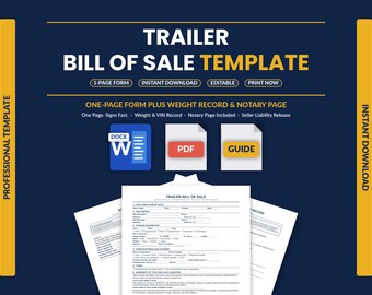 Trailer Bill of Sale Template | Editable Utility Cargo & Camper Trailer Form | As Is, VIN, Notary | Printable Word PDF