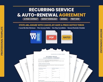 Recurring Service Agreement Template | Auto Renewal & Cancellation Policy Addendum | Subscription Terms for Service Pros | Word + PDF