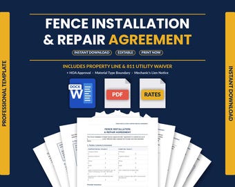 Fence Installation Contract Template | Fence Repair Service Agreement | Property Line, HOA & 811 Utility Waiver | Word PDF