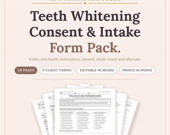Teeth Whitening Consent Forms | 9 Pack | Teeth Whitening Technician Client Intake | Shade Record & Aftercare Forms | Editable Word PDF