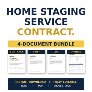 May include: A graphic with the text "HOME STAGING SERVICE CONTRACT." and "4-DOCUMENT BUNDLE." Includes four document examples: Contract, Brief, Log, and Invoice. The bottom banner reads "INSTANT DOWNLOAD + FULLY EDITABLE" with options for Word, PDF, and Google Docs.