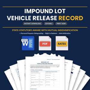 Può includere: Un modello professionale per un registro di rilascio del veicolo del deposito. Il design presenta il testo "Download istantaneo", "Modificabile" e "Stampa ora". Il documento include un'icona DOCX, PDF e Tariffe, con il testo "Consapevole dello stato-statutario con indennizzo reciproco."