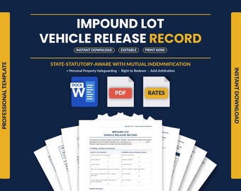 Impound Lot Release Form Template | Vehicle Release & Claimant Verification | State-Statutory-Aware Tow Yard Record | Word PDF