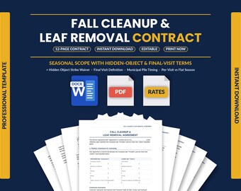 Fall Cleanup Contract Template | Leaf Removal & Yard Winterization Service Agreement | Hidden Object Strike Waiver | Editable Word + PDF