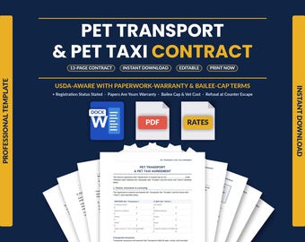 Pet Transport Contract Template | Pet Taxi & Animal Relocation Service Agreement | USDA Class T, CVI and Bailee Terms | Word + PDF