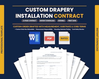 Custom Drapery Installation Contract | Window Treatment & Blinds Service Agreement | Measurement, Custom Order Terms | Word + PDF
